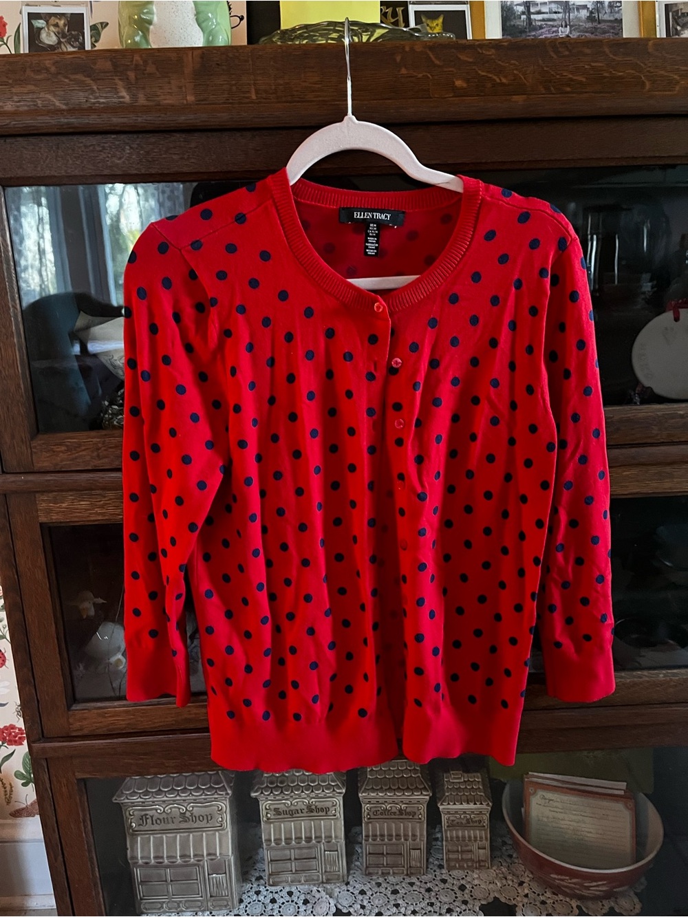 Ellen Tracy Red Cardigan with Navy Polka Dots